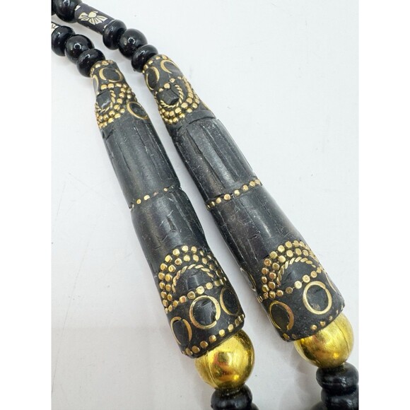 Vintage Brass Inlay Black Chunky Bohemian Necklace Large Pendant Tribal Ethnic - Picture 5 of 13